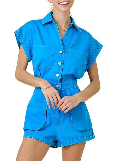 Ella Collared Denim Romper-Jumpsuits & Rompers-Uniquities