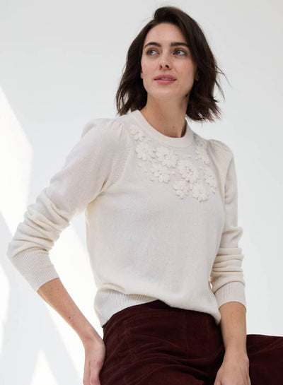 Puff Sleeve Crew With Floral Embroidery-Sweaters-Uniquities