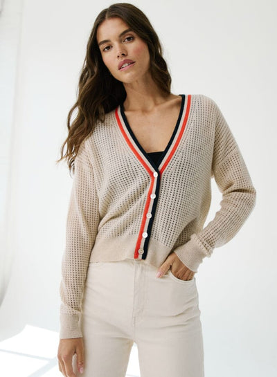 Mesh Cardigan With Varsity Stripe-Sweaters-Uniquities