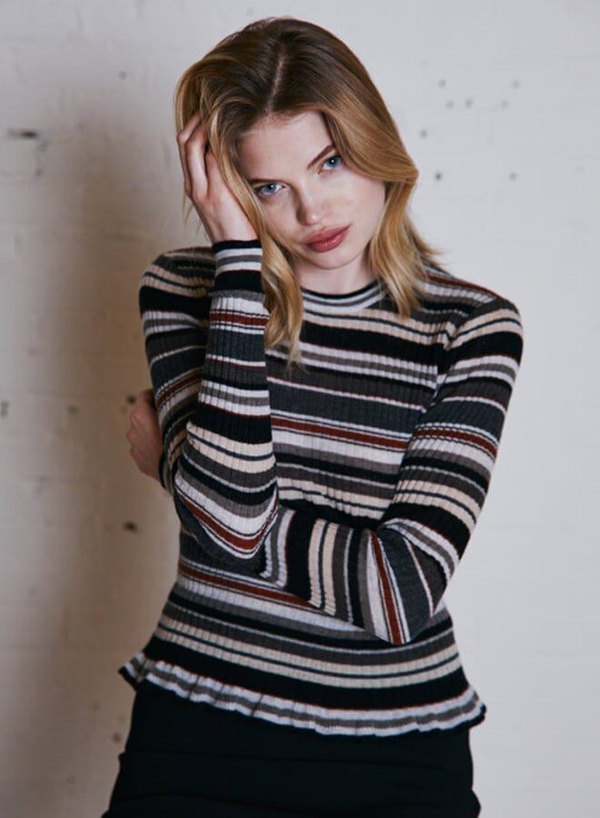 Striped Rib Crew With Ruffle Edge-Sweaters-Uniquities